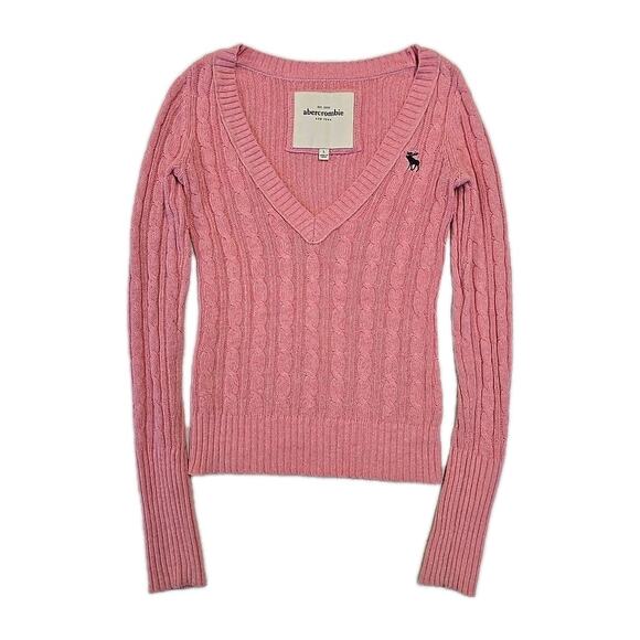 Vtg Abercrombie Fitch Y2K Cable-knit Rabbit Hair Sweater Sz L Pink V-neck Preppy - Picture 1 of 8